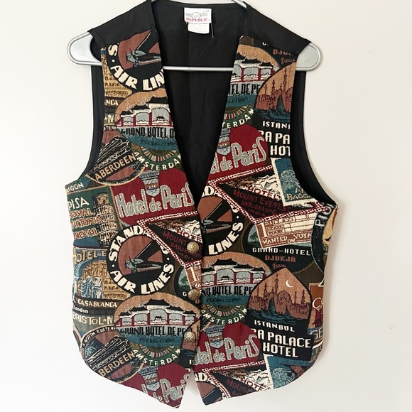 Vintage Denim Republic Tapestry Vest Large Travel Cities 90s Retro USA Boho L - Picture 1 of 16